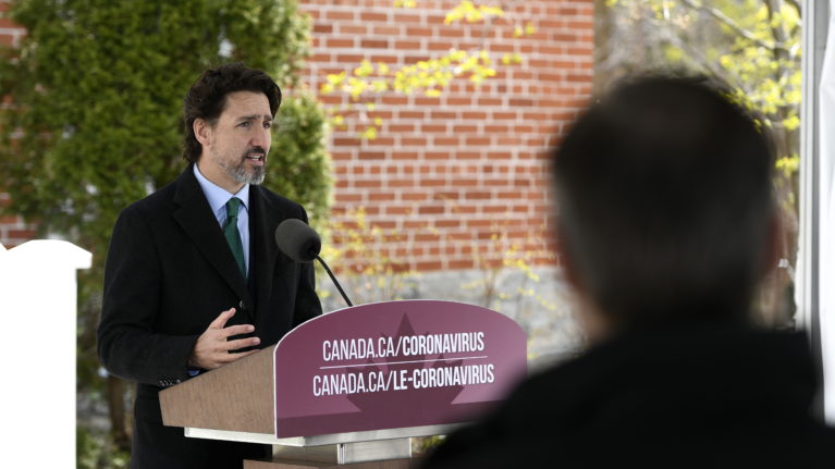 Prime Minister Justin Trudeau speaks during his daily news conference on the COVID-19 pandemic